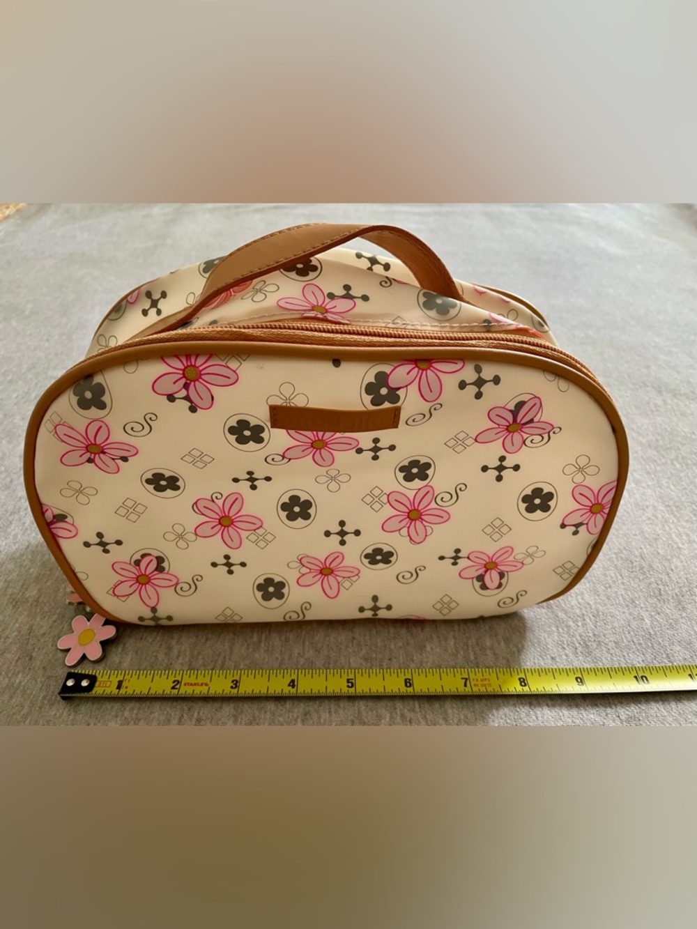 Modello Floral Patterned Tan/Pink Makeup Bag Zip Closure